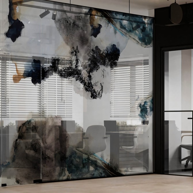 Liquid - Washable self-adhesive transparent vinyl sticker of mural for office panel glass. Ecological ink. Lokoloko
