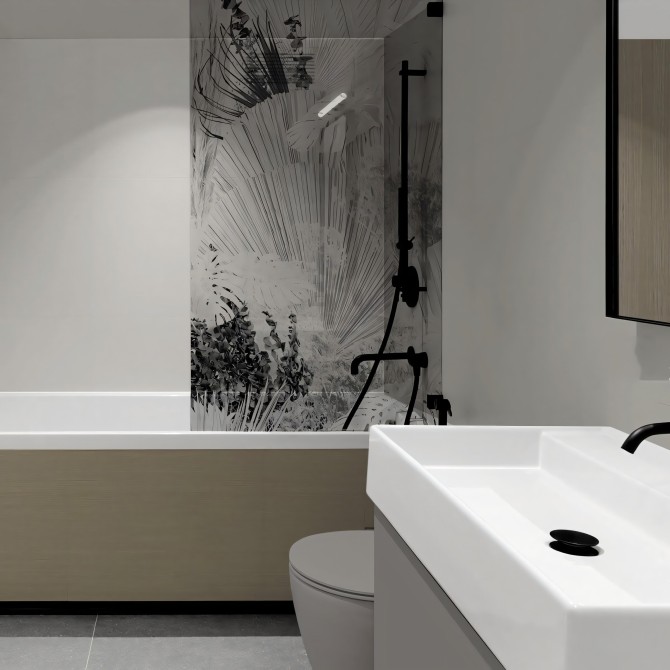 Blanca Dona - Mural Vinilo translúcido autoadhesivo lavable para mampara de bañera de cristal. Blanco y negro. Lokoloko