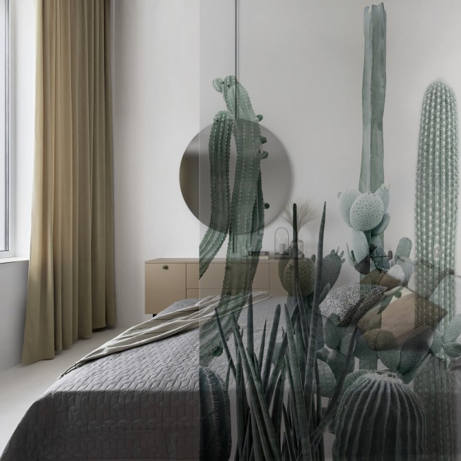 Cactarium - Washable transparent vinyl sticker with ecological inks, for glass bedroom panel. Lokoloko