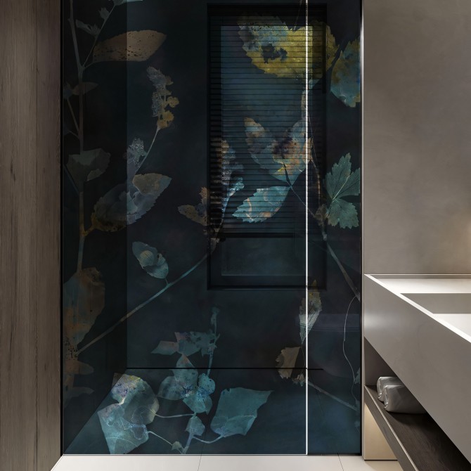 Nocturna - Washable transparent vinyl mural with ecological inks, for glass partition of bathrooms. Blue, orange. Lokoloko
