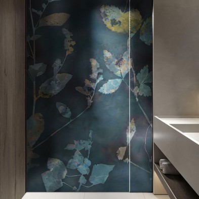 Nocturna - Washable translucent vinyl sticker with ecological inks, for glass partition of bathrooms. Blue, orange. Lokoloko
