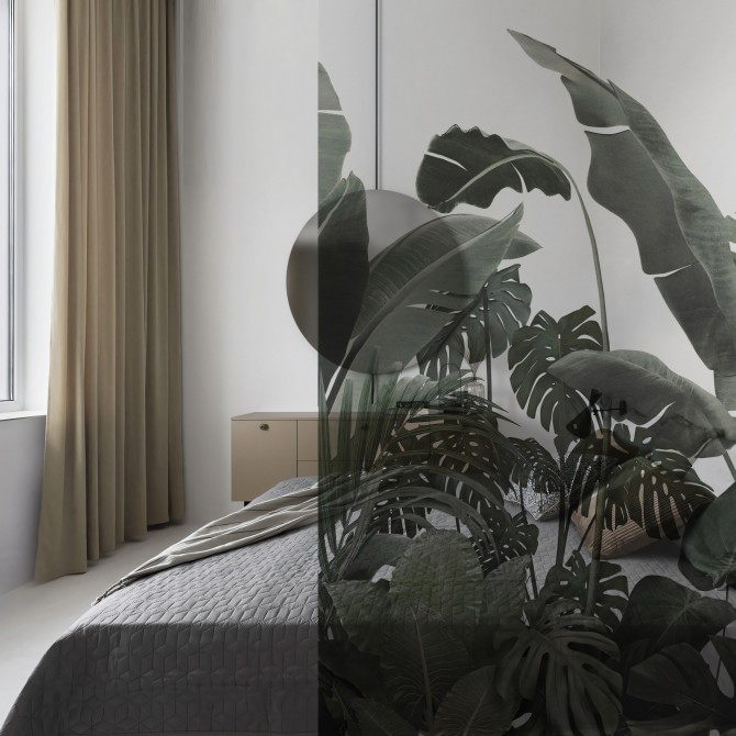 Botanical Garden - Washable transparent vinyl sticker with ecological inks, for glass partition of bedroom. Lokoloko