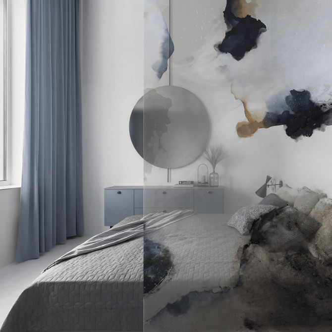 Liquid - Washable self-adhesive transparent vinyl sticker of mural for bedroom panel glass. Ecological ink. Lokoloko
