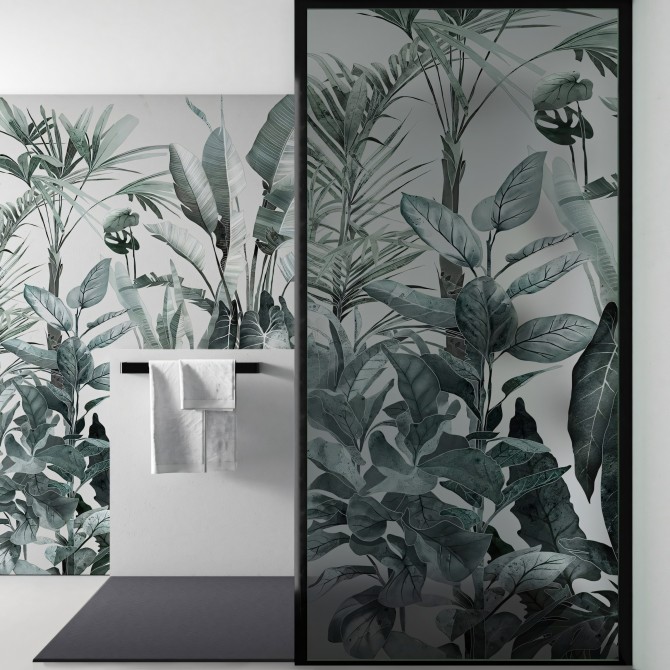Tropicalia - Washable translucent self-adhesive vinyl with ecological inks, for glass partition of bathrooms. Lokoloko