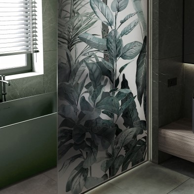Tropicalia - Mural de vinilo translúcido autoadhesivo lavable para mamparas de cristal de bañeras. Verde, gris. Lokoloko
