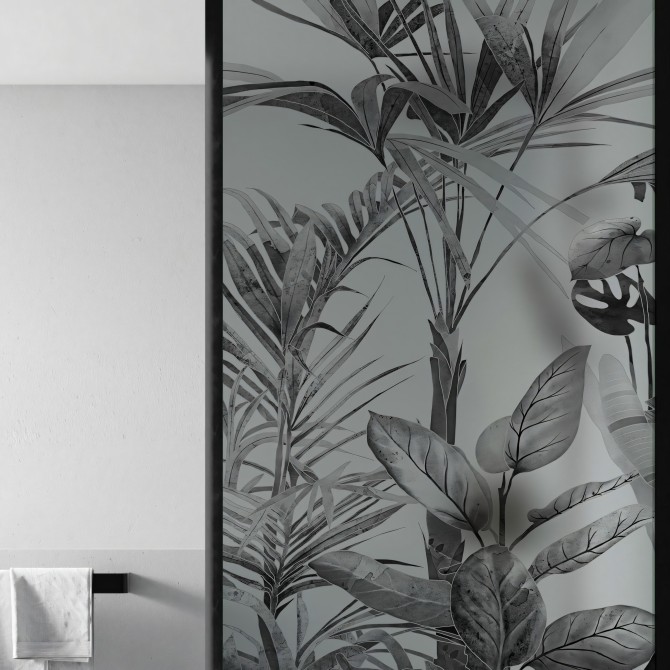 Tropicalia Blanco y Negro - Mural de vinilo translúcido lavable autoadhesivo para cristal de mampara de baño. Grises. Lokoloko