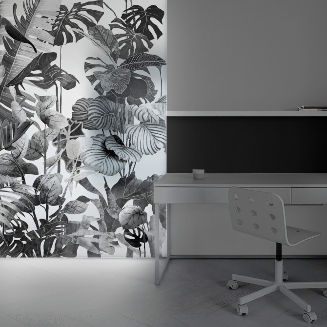 Tropicalia Blanco y Negro - Mural de vinilo translúcido lavable autoadhesivo para tabiques de cristal de oficina. Lokoloko
