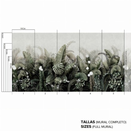 Atardecer Tropical - Mural de vinilo autoadhesivo - Continuidad infinita del diseño - Plantas, hojas, flores - Lokoloko