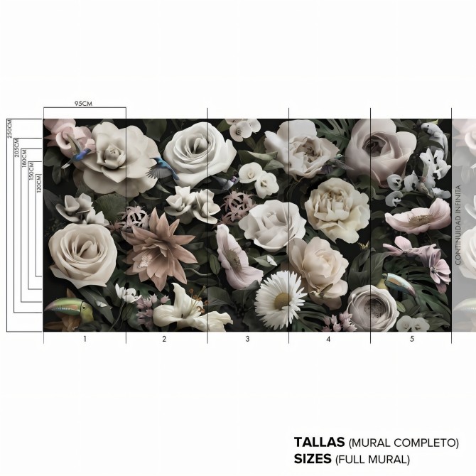 Atemporal - Mural de vinilo autoadhesivo - Continuidad infinita del diseño - Flores, hojas, pájaros - Lokoloko