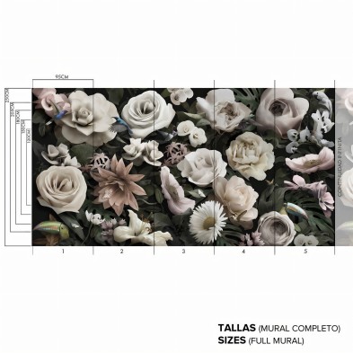 Timeless - Self-adhesive vinyl mural - Infinite continuity of design - Flowers, leaves, birds - Lokoloko