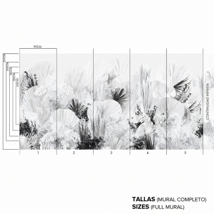 Blanca Dona - Mural de vinilo autoadhesivo - Continuidad infinita del diseño - Plantas, blanco, negro - Lokoloko