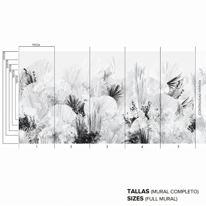 Blanca Dona - Mural de vinilo autoadhesivo - Continuidad infinita del diseño - Plantas, blanco, negro - Lokoloko
