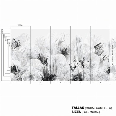 Blanca Dona - Mural de vinilo autoadhesivo - Continuidad infinita del diseño - Plantas, blanco, negro - Lokoloko
