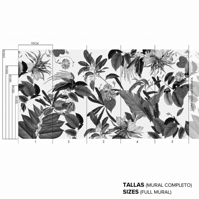 Flores de terciopelo blanco y negro - Mural completo de vinilo autoadhesivo - Continuidad infinita del diseño - Medidas