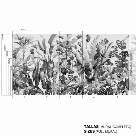 Tropicalia blanco y negro - Mural de Vinilo autoadhesivo lavable para cocina frente azulejos palmeras monsteras lokoloko