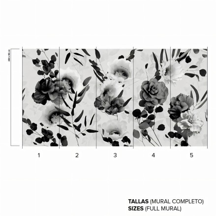 Daila Black and White - Eco-friendly self-adhesive wallpaper mural for TV and living-room walls - Grey, flowers - Lokoloko