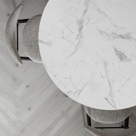 Mármol Pasarela, Vinilo lavable autoadhesivo para mesa redonda de comedor en blanco y gris, Lokoloko