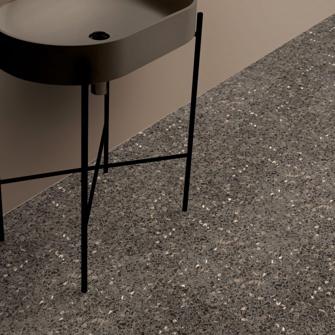 Monsul Terrazzo. Washable self-adhesive vinyl for tiled floors in kitchens and bathrooms. Dark gray. Lokoloko