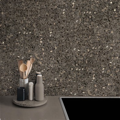 Monsul Terrazzo. Self-adhesive washable vinyl for tile walls in kitchens, countertops and furniture. Dark gray. Lokoloko