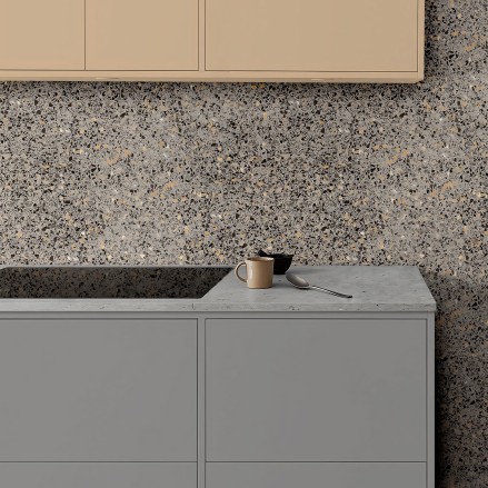 Carboneras Terrazzo. Self-adhesive washable vinyl for tile walls in kitchens, and furniture. Gray and orange. Lokoloko