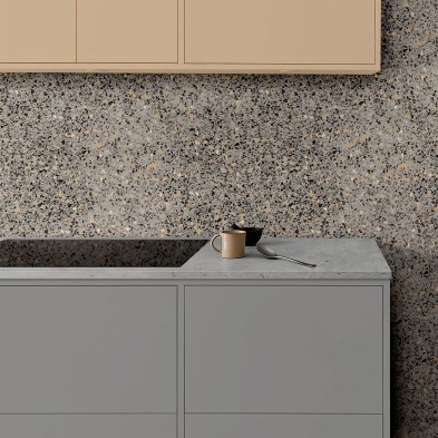 Carboneras Terrazzo. Self-adhesive washable vinyl for tile walls in kitchens, and furniture. Gray and orange. Lokoloko