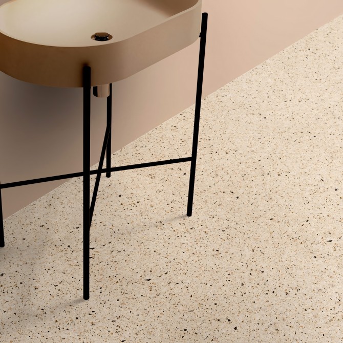 Terrazo Bello. Vinilo lavable autoadhesivo para  suelos de baños o aseos, colores tierras grano pequeño. Lokoloko