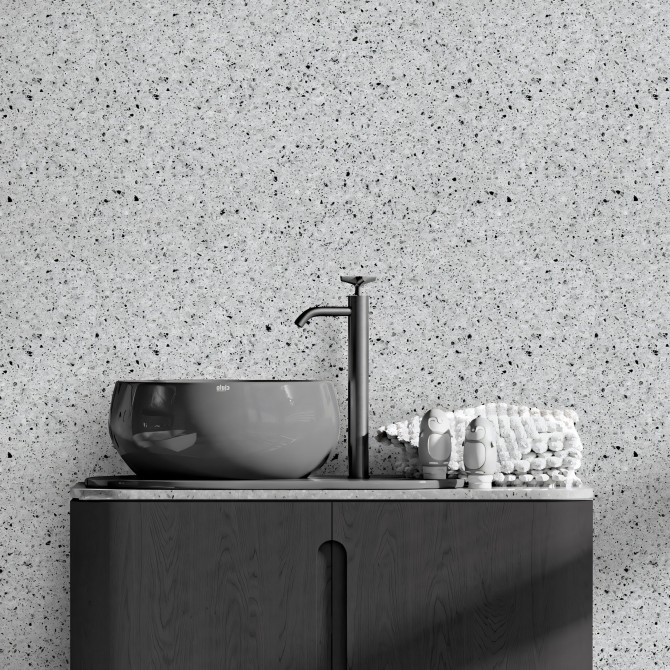 Lido Terrazzo. Self-adhesive washable vinyl for tile walls in bathrooms, showers, toilets. Grey. Lokoloko