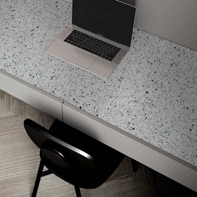 Terrazo Lido. Vinilo lavable autoadhesivo para muebles de oficina, salón, comedor o dormitorio. Gris. Lokoloko