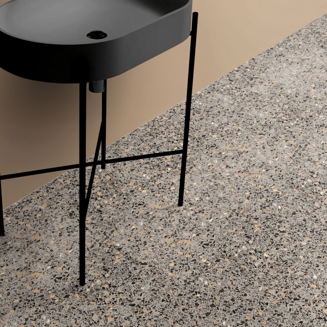 Terrazo Carboneras. Vinilo lavable autoadhesivo para suelos de baldosas o azulejos en cocinas y baños. Gris y naranja. Lokoloko