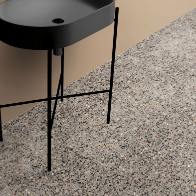 Carboneras Terrazzo. Washable self-adhesive vinyl for tiled floors in kitchens and bathrooms. Gray and orange. Lokoloko