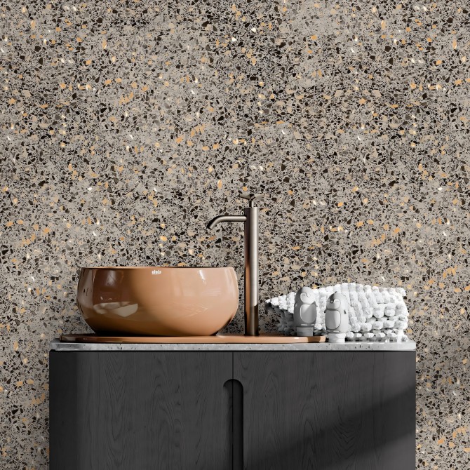 Carboneras Terrazzo. Self-adhesive washable vinyl for tile walls in bathrooms, showers and toilets. Gray and orange. Lokoloko