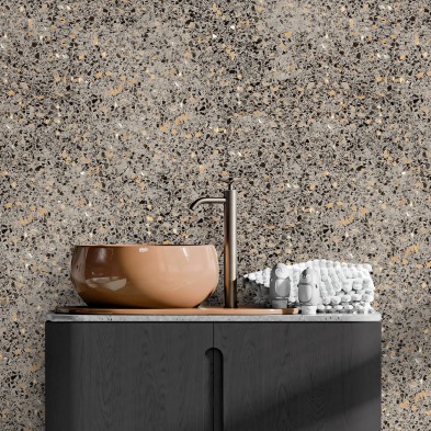 Carboneras Terrazzo. Self-adhesive washable vinyl for tile walls in bathrooms, showers and toilets. Gray and orange. Lokoloko