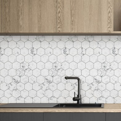 Azulejos hexagonales mármol blanco. Vinilo Mate. 95cmx205cm
