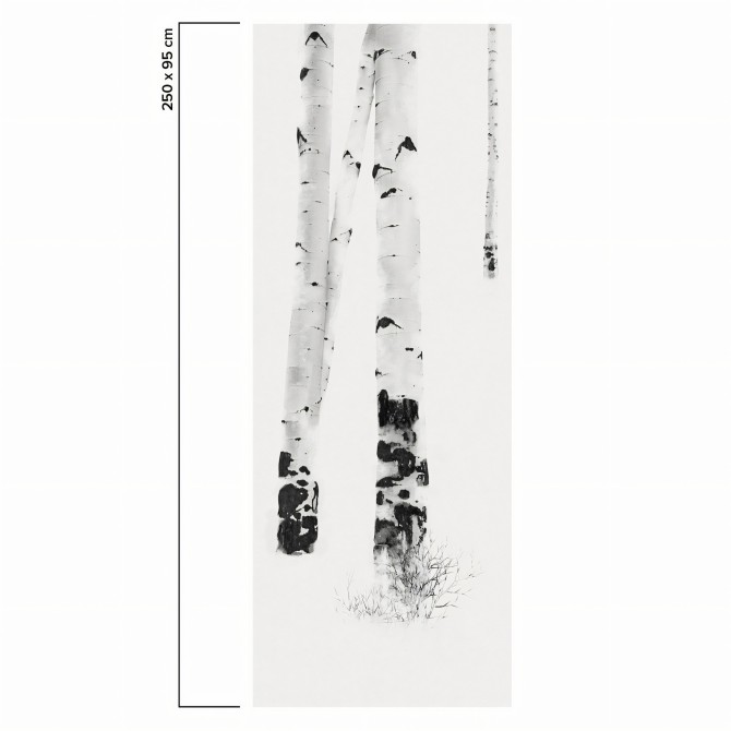 Birch es un mural con bosque de abedules. Profundidad para pared lisa y muebles. Blanco y negro. Papel eco. Pieza 1. Lokoloko