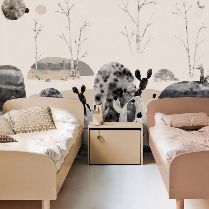 Couvet Mural infantil. Papel pintado pared ecológico autoadhesivo para pared lisa dormitorio. Plantas, animales. Lokoloko.