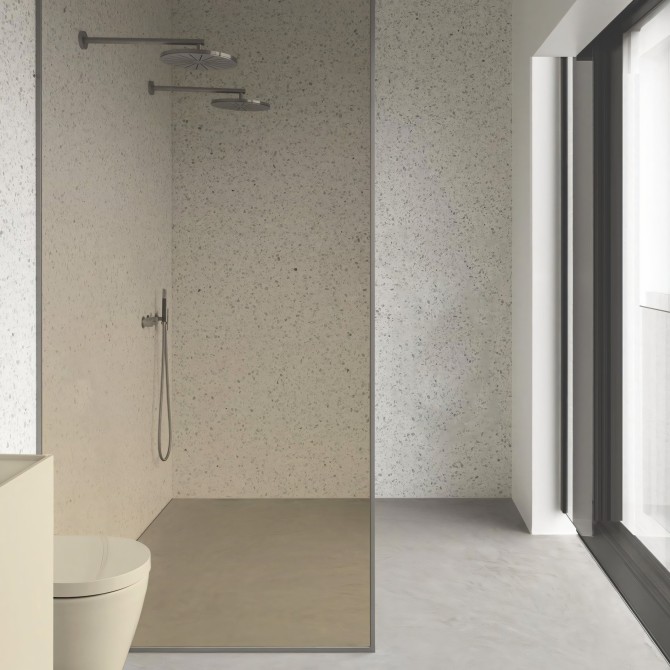 Degradado Khaki en vinilo transparente lavable para baños, decorando y renovando una mampara de ducha. Lokoloko