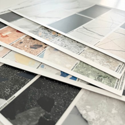 Matte exterior washable self-adhesive vinyl sampler for furniture and walls. Designs of terrazzo & marbles. Lokoloko