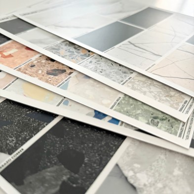 Matte exterior washable self-adhesive vinyl sampler for furniture and walls. Designs of terrazzo & marbles. Lokoloko
