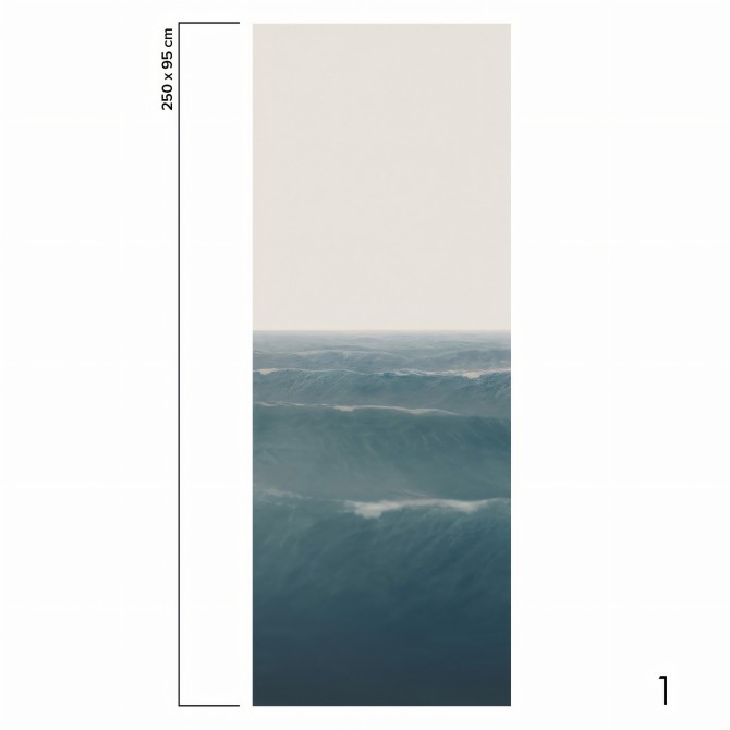 Taifu mural in eco-friendly PVC-free wallpaper, is a deep blue ocean with a light gray sky. Piece 1. lokoloko
