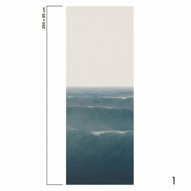 Taifu mural in eco-friendly PVC-free wallpaper, is a deep blue ocean with a light gray sky. Piece 1. lokoloko