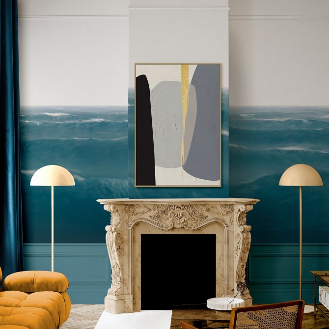Mural Taifu en papel pared pintado ecologico sinpvc para salon, es un oceáno de azul profundo con cielo gris claro. lokoloko