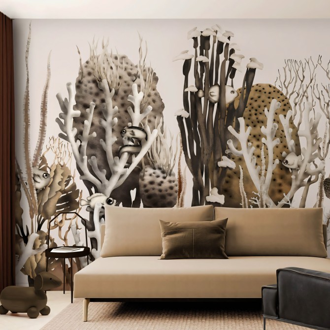 Coral en papel pintado ecologico sinpvc para salón comedor, es un coral tropical de colores ocres.lokoloko