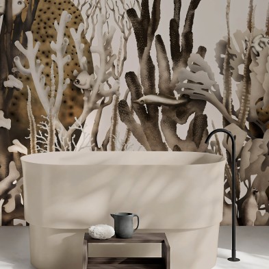 Mural Coral en vinilo lavable autoadhesivo para paredes de baños con azulejos, es un coral tropical con colores ocres. lokoloko
