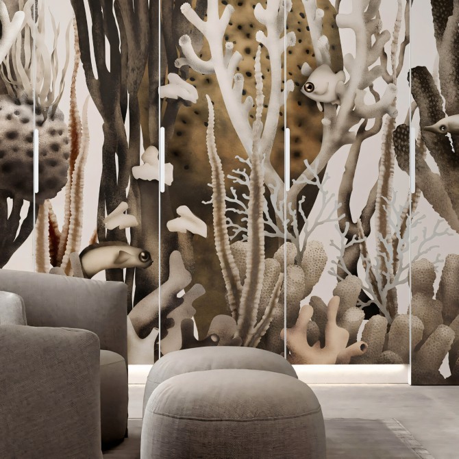 Mural Coral en Vinilo lavable autoadhesivo para paredes y muebles, es un coral tropical de colores ocres. lokoloko