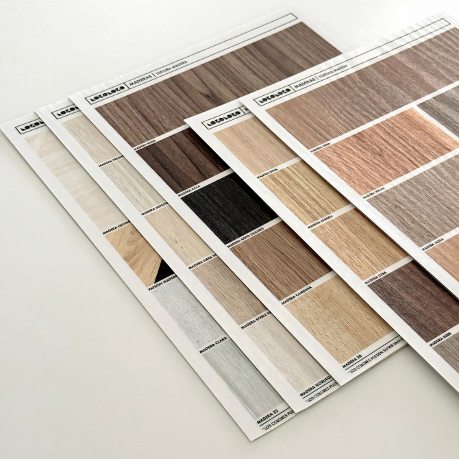 Muestrario en vinilo lavable exteriores textura madera para muebles y paredes. Diseños de maderas. Lokoloko