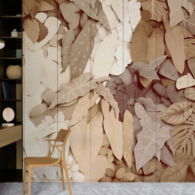 Gaia. Mural de papel pintado ecológico texturizado autoadhesivo para armarios empotrados. Hojas en tonos tierras. Lokoloko