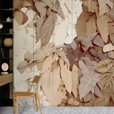 Gaia. Mural de papel pintado ecológico texturizado autoadhesivo para armarios empotrados. Hojas en tonos tierras. Lokoloko