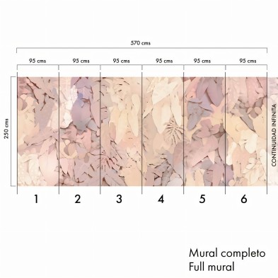 Self-adhesive textured eco-friendly wallpaper mural for walls and smooth surfaces, with leaves in pinks and earths. Illier