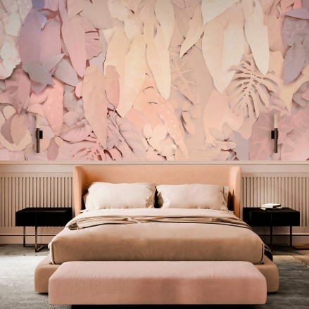 Mural de papel pintado ecológico texturizado autoadhesivo para paredes de dormitorios, con hojas rosas y tierras. Illier