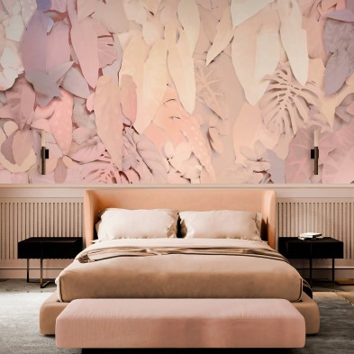 Mural de papel pintado ecológico texturizado autoadhesivo para paredes de dormitorios, con hojas rosas y tierras. Illier